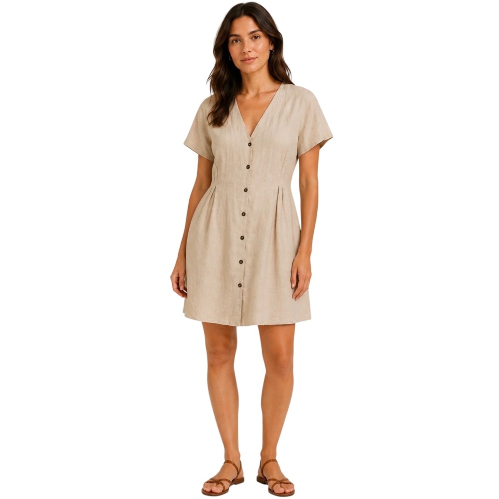 NWT‎ MNG Basics Mango Margarit Linen Dress Beige Short Sleeve Button Up XL